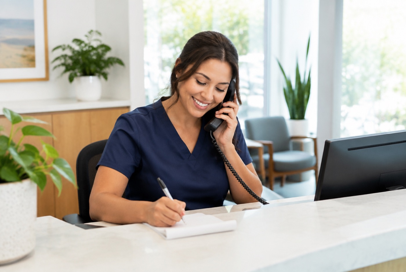 Smiling clinic receptionist on the phone