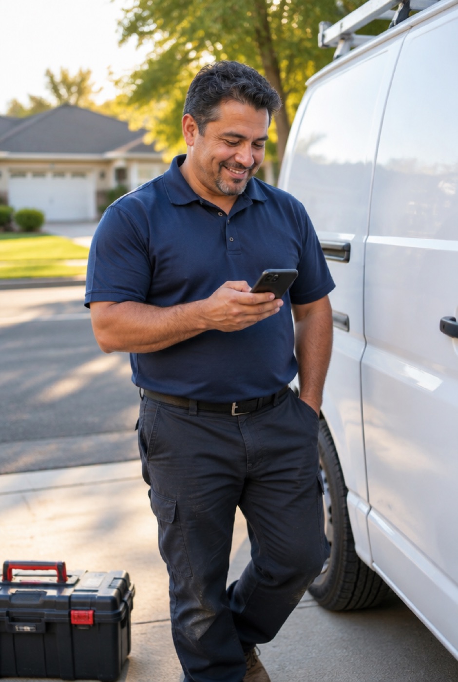 Plumbing business owner checking a new lead on his phone next to his service van