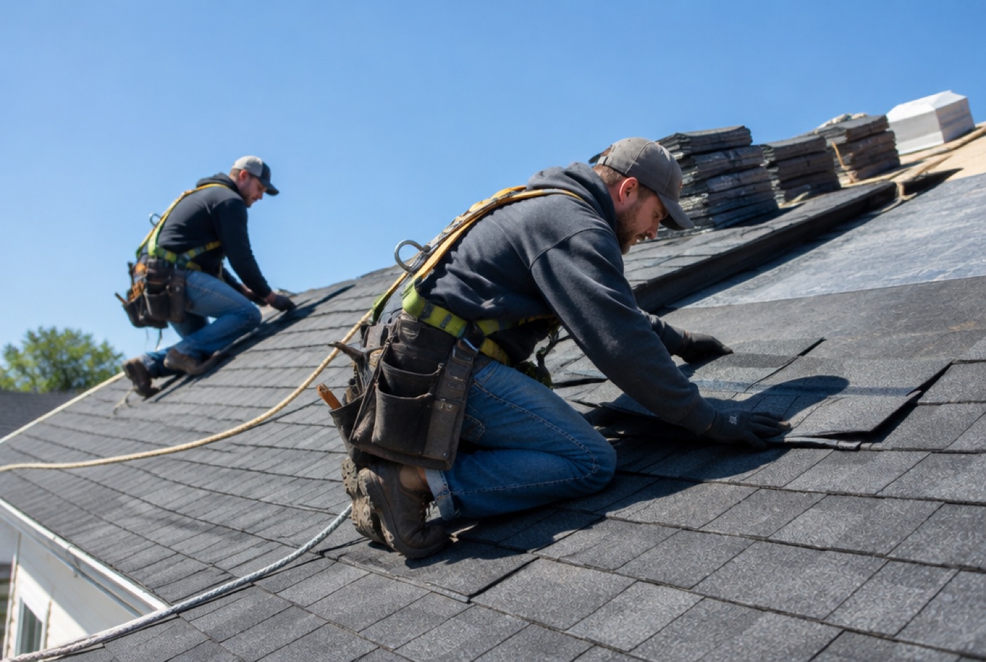 Roofing crew installing shingles